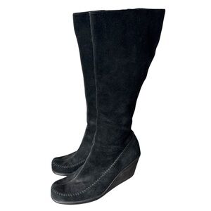AEROSOLES Black Suede Gather Round Knee High Wedge Boots Inner Zipper Size 9.5